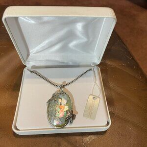 Women's Sterling Silver 16" Necklace w Large Iridescent Stone Pendant